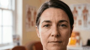 Woman in her late forties with droopy eyebrows sitting low over the eyes and forehead lines from habitual brow raising
