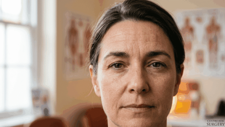 Woman in her late forties with droopy eyebrows sitting low over the eyes and forehead lines from habitual brow raising