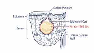 Medical cross-section diagram showing earlobe cyst anatomy with keratin-filled sac and fibrous capsule wall beneath the skin surface