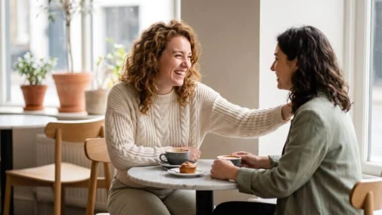 Two women talking and laughing over coffee in a London cafe — elongated labia