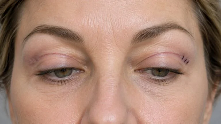 Close-up of a woman's closed upper eyelids a week or so after blepharoplasty, with fine healing incision lines in the natural eyelid crease