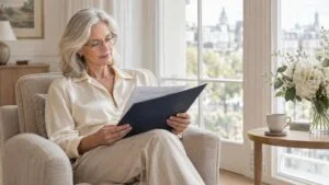 Woman in her sixties reading her written facelift quote in an armchair at home
