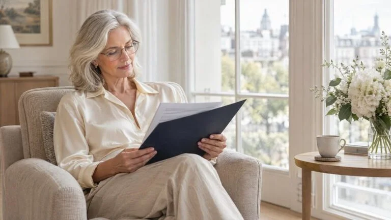 Woman in her sixties reading her written facelift quote in an armchair at home