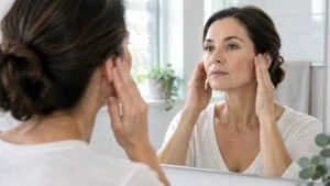 Woman in her late forties gently lifting the skin in front of her ears in a bathroom mirror to see how her jawline would look after a facelift or mini facelift