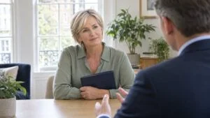 Woman listening as a consultant surgeon explains her FaceTite treatment plan at Centre for Surgery, London