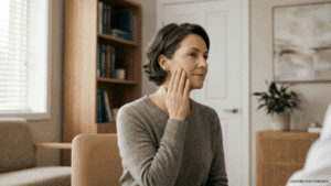 Woman assessing one side of her face during a facial palsy consultation at Centre for Surgery London