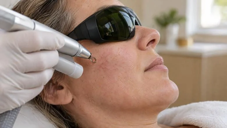 Practitioner treating fine red thread veins on a woman's cheek, seen in side profile, during facial thread vein removal in London
