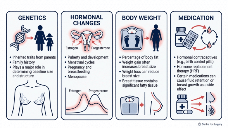 Infographic showing four factors that influence breast size at Centre for Surgery London — genetics, hormonal changes, body weight, medication