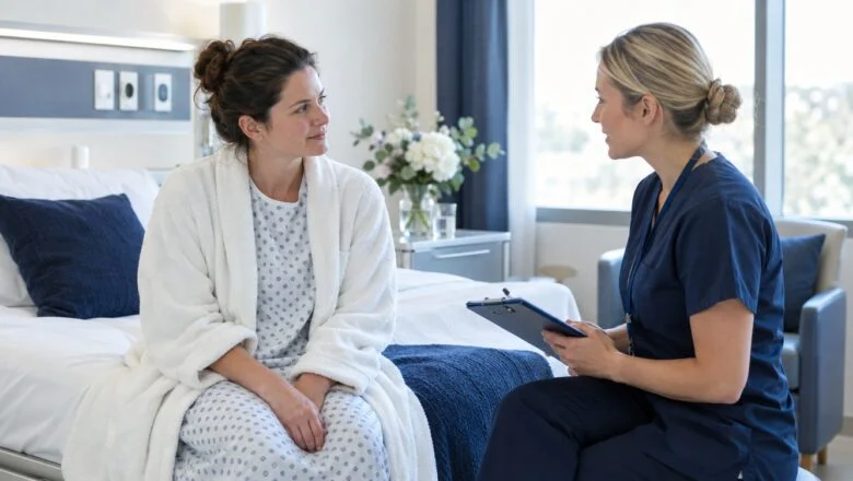 A woman in a hospital gown talking with a nurse on the morning of her cosmetic surgery