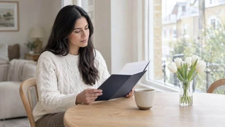 Woman at home reading her written fat transfer breast augmentation quote at the dining table