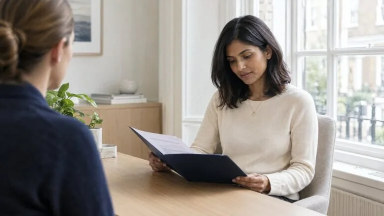 Woman reading her written fat transfer treatment plan with a patient coordinator at Centre for Surgery, Baker Street, London