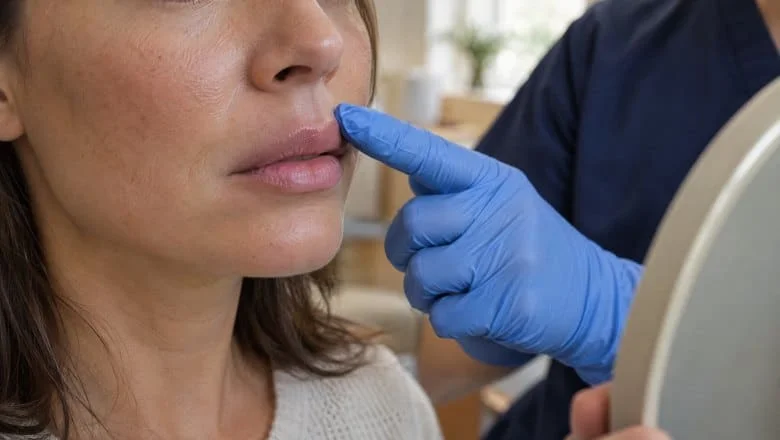 Surgeon's gloved fingertip on lip filler that has spread above a woman's upper lip line, assessed for filler dissolving in London