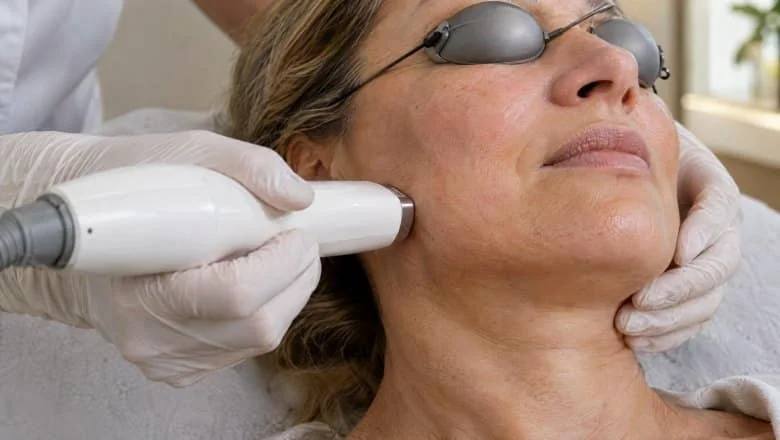 Gloved practitioner guiding a laser handpiece along a woman's jawline during Fotona 4D laser face lift treatment in London