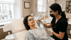 Patient receiving Fotona 4D laser treatment on face at private London cosmetic surgery clinic with protective eyewear