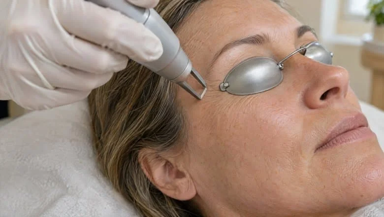 Practitioner treating crepey lower eyelid skin with a laser handpiece during a Fotona SmoothEye non-surgical eye lift in London