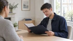 Young trans man reading his written FTM top surgery treatment plan with a patient coordinator at Centre for Surgery, London