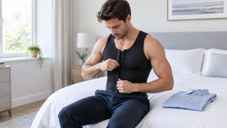 Man sitting on his bed fastening the front hooks of a black compression vest after gynecomastia surgery