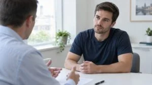 A man in a navy t-shirt discusses gynaecomastia surgery options and NHS funding with a doctor at a consultation desk