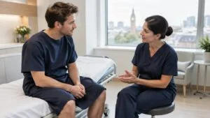 Man in a hospital gown sitting on a day-surgery trolley while a consultant anaesthetist explains the anaesthetic plan for his gynecomastia surgery