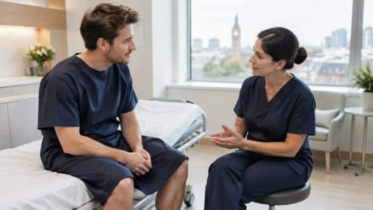 Man in a hospital gown sitting on a day-surgery trolley while a consultant anaesthetist explains the anaesthetic plan for his gynecomastia surgery