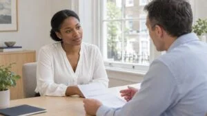 Woman listening as a consultant surgeon explains her hairline lowering treatment plan at Centre for Surgery, London