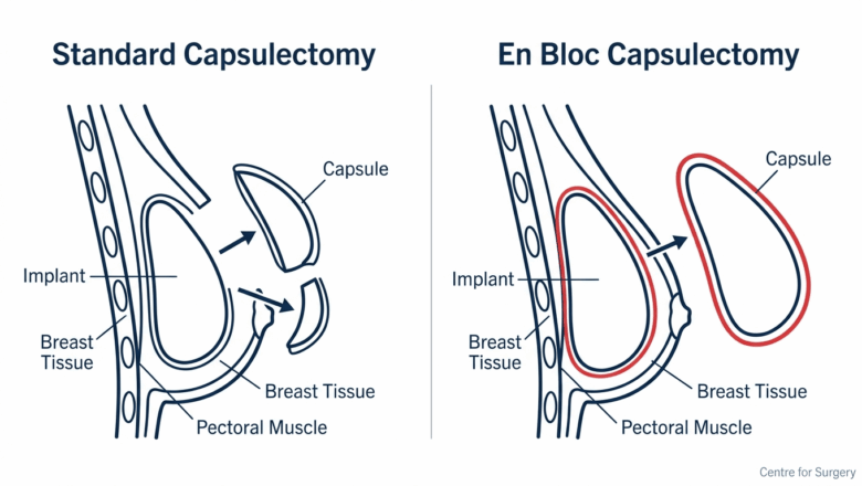 Diagram comparing standard capsulectomy, where the scar tissue capsule is removed in sections, versus en bloc capsulectomy, where the implant and capsule are removed together as one intact unit