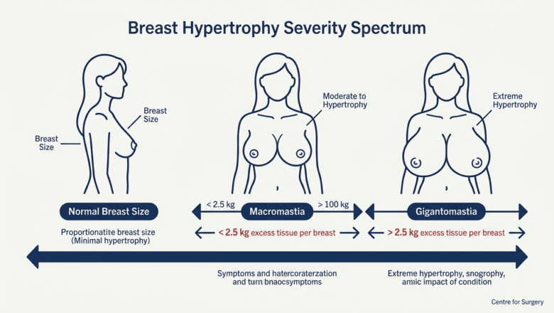 Severity spectrum diagram showing normal breast size through macromastia with excess tissue under 2.5kg per breast to gigantomastia with excess tissue over 2.5kg per breast