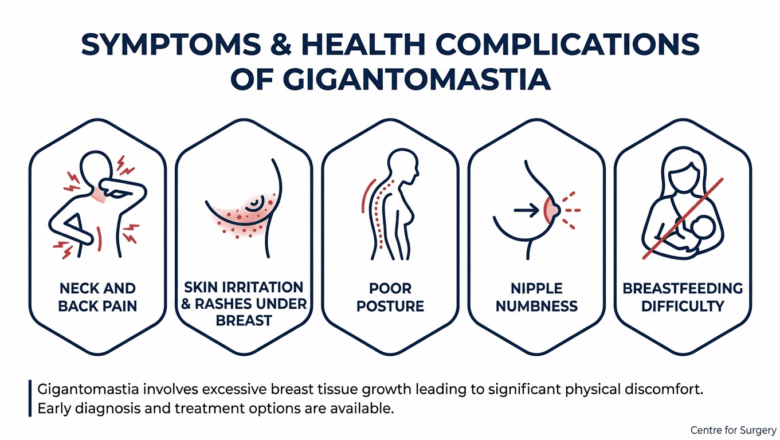 Diagram showing gigantomastia symptoms and health complications including neck and back pain, skin irritation under the breast, poor posture, nipple numbness, and breastfeeding difficulty