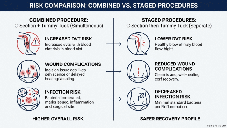 Comparison of risks between combining tummy tuck with C-section versus staged separate procedures showing DVT risk, wound complications, and infection risk