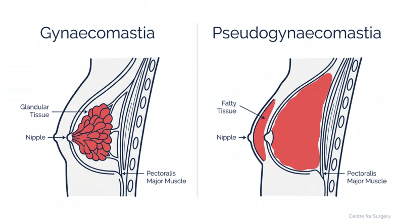 Diagram comparing gynaecomastia glandular tissue versus pseudogynaecomastia fatty tissue in the male chest