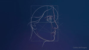Elegant editorial illustration of facial proportion and golden ratio harmony guide lines