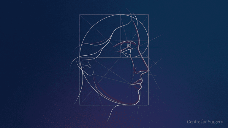 Elegant editorial illustration of facial proportion and golden ratio harmony guide lines