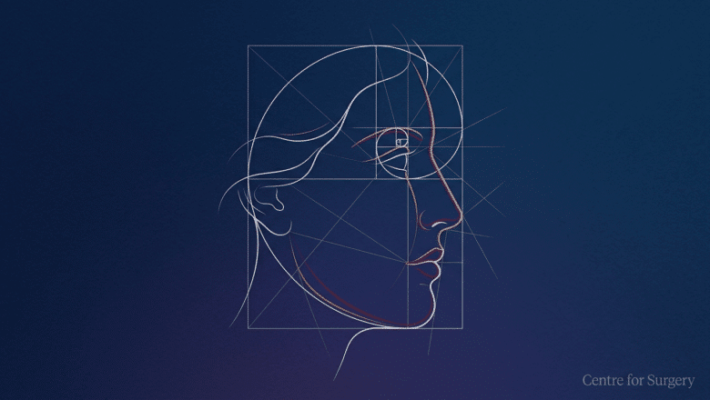 Elegant editorial illustration of facial proportion and golden ratio harmony guide lines