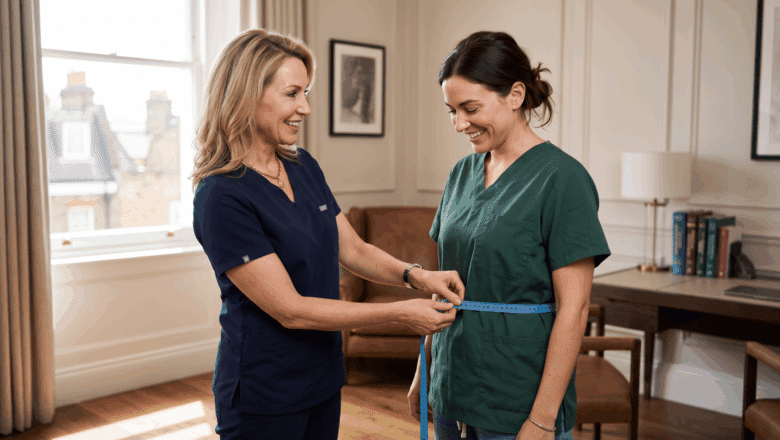Consultant demonstrating a waist measurement to a patient at Centre for Surgery, London