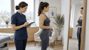 Woman in fitted activewear measuring her waist with a tape measure beside a clinician during a body contouring consultation about achieving an hourglass figure at Centre for Surgery, Baker Street, London