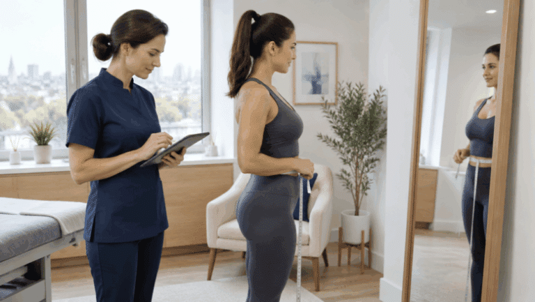 Woman in fitted activewear measuring her waist with a tape measure beside a clinician during a body contouring consultation about achieving an hourglass figure at Centre for Surgery, Baker Street, London