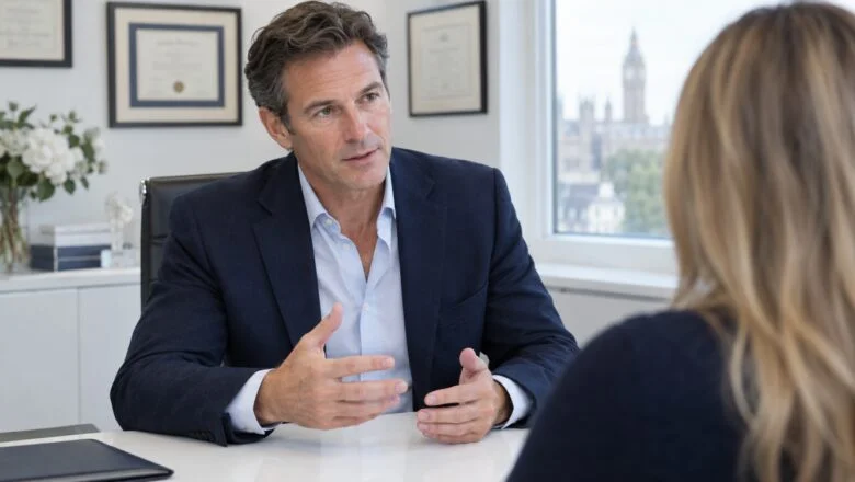 A consultant plastic surgeon talking a patient through her options in a bright consultation room