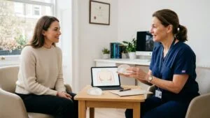 Plastic surgeon showing a breast implant sizer to a woman during a breast enlargement consultation at a London clinic