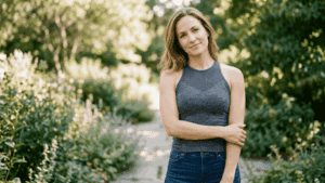 Confident woman in neutral activewear with good posture representing breast lift and perkiness at Centre for Surgery London