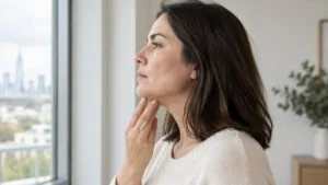 Woman in her late thirties in side profile by a window, gently touching the area under her jaw and chin as she checks her jawline