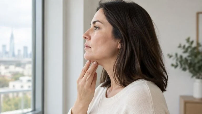 Woman in her late thirties in side profile by a window, gently touching the area under her jaw and chin as she checks her jawline