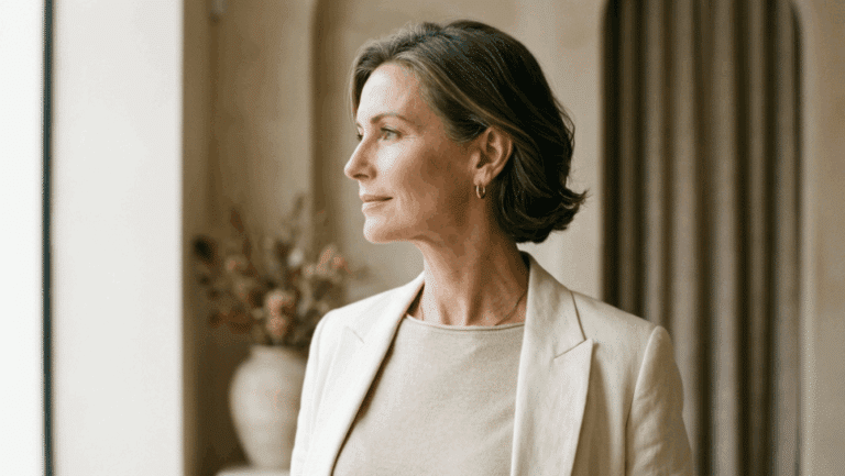 Woman in her early 50s with a smooth firm neckline and defined jaw representing turkey neck treatment at Centre for Surgery London