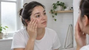 Young woman with full cheeks pressing her fingertips below her cheekbone as she looks in a bathroom mirror, wondering how to lose face fat