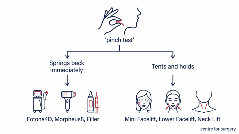 Decision tree diagram showing the pinch test for jowls: skin that springs back immediately points to non-surgical treatment such as Fotona4D, Morpheus8 or filler, while skin that tents and holds points to surgical treatment such as mini facelift, lower facelift or neck lift