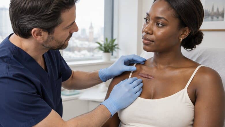 Keloid Scars | Causes and Treatment | Centre for Surgery Surgeon in navy scrubs examining a raised keloid scar below the collarbone of a woman during a consultation in London