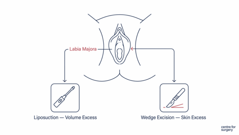 Diagram of labia majora reduction anatomy and two surgical techniques — liposuction for volume excess and wedge excision for skin excess