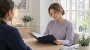 Woman reading her written labiaplasty treatment plan with a patient coordinator in a private consultation room at Centre for Surgery