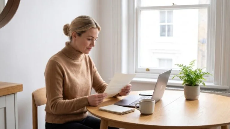 Woman at a kitchen table reading a letter beside her laptop — labiaplasty on the NHS