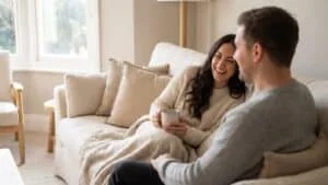 Couple relaxing and laughing together on a sofa at home — labiaplasty and sensation