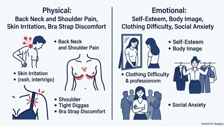 Infographic showing physical versus emotional impact of large breasts at Centre for Surgery London
